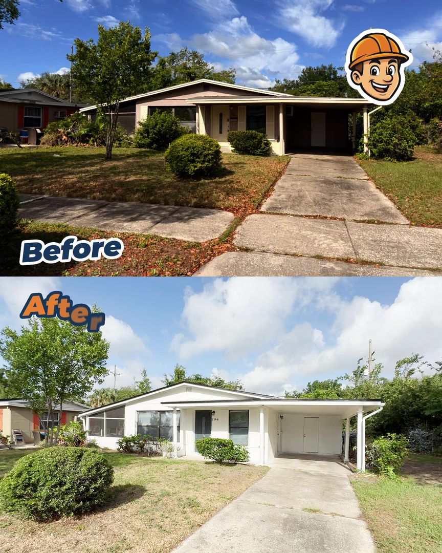 An investor flip with a newly painted exterior and carport