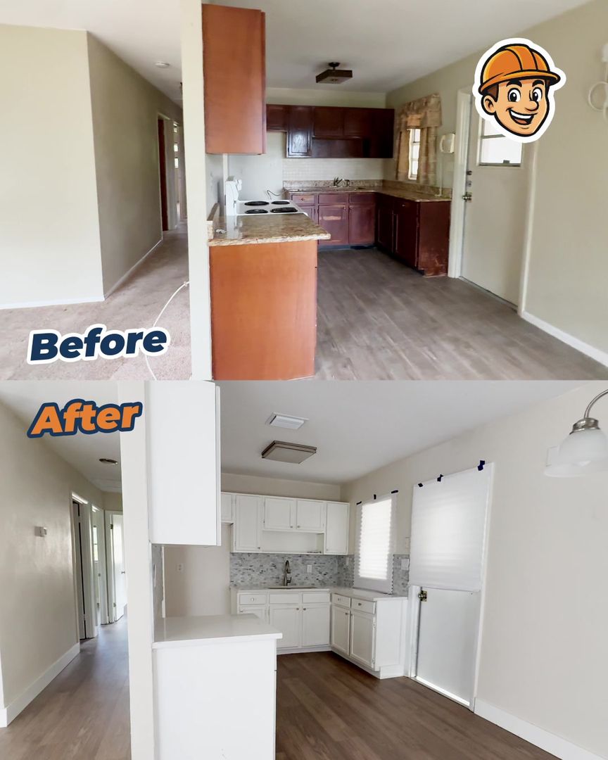 Before and after: a dated rental kitchen refreshed with white cabinets and new floors