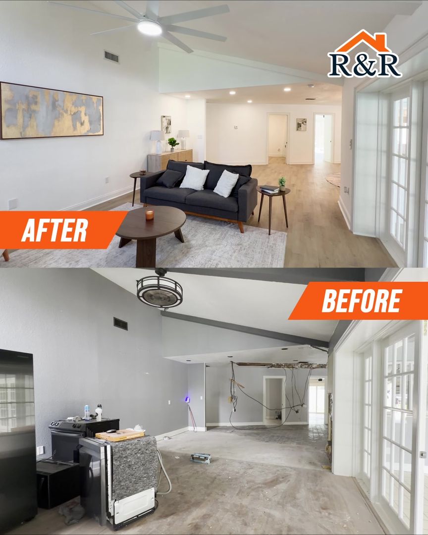 A renovated living area with new floors and French doors