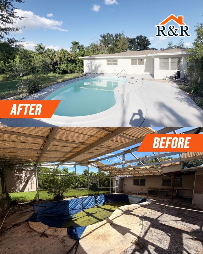 Before and after: a pool area cleared and resurfaced