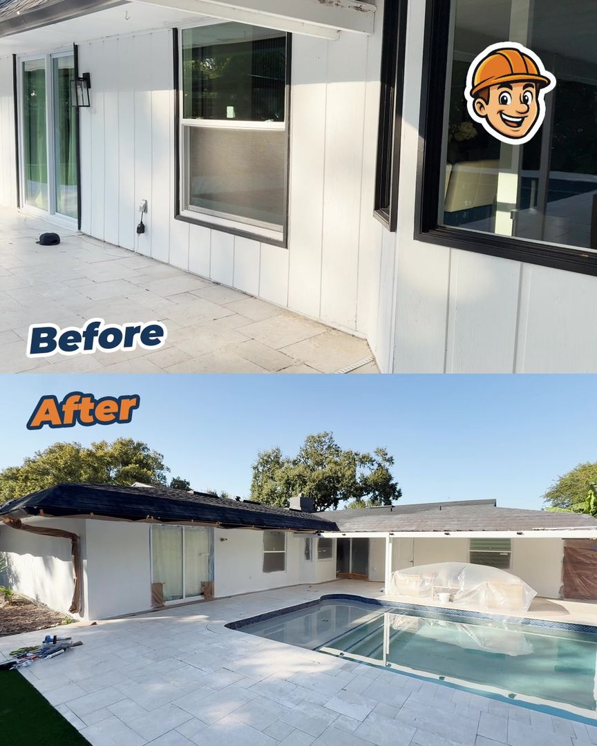 Before and after: a stained block house and pool area refinished in white with a new deck
