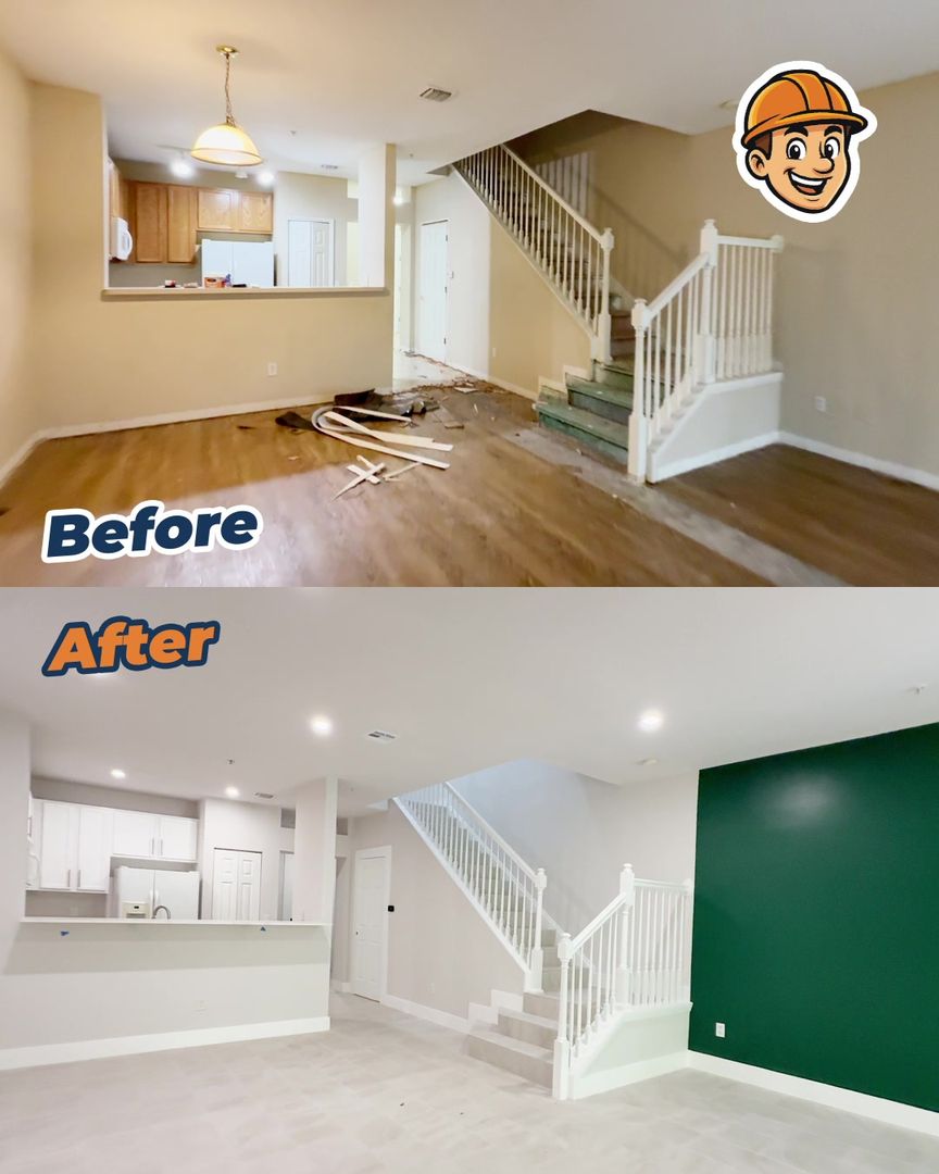 Before and after: a dated townhouse living area repainted with a green accent wall